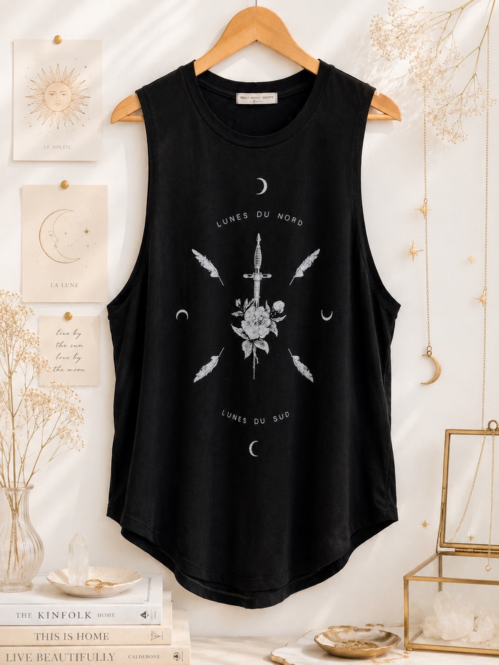 Truly Madly Deeply UO Black Graphic Muscle Tank | Moon Boho Top Size Small